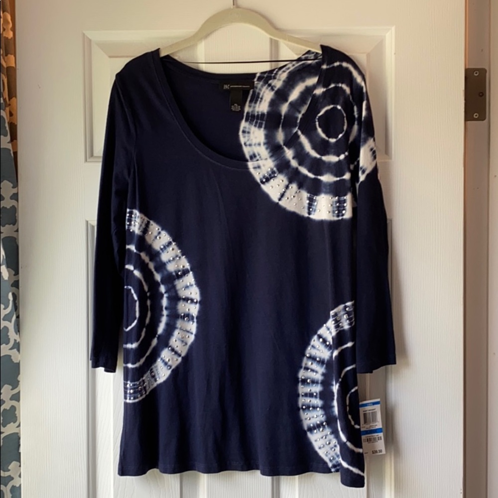 INC blue and white tie-dyed shirt.